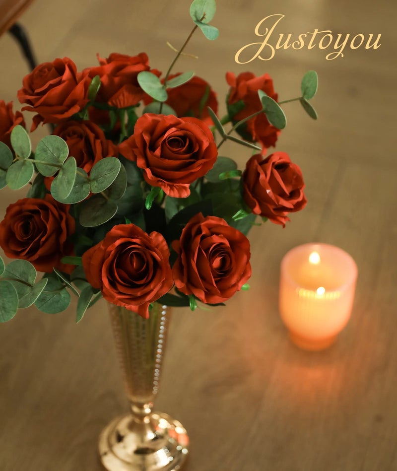 JUSTOYOU 10Pcs Artificial Roses Flowers, Realistic Blossom Roses, Real Touch Silk Rose, Single Fake Flower Long Stem Bouquets for Home Wedding Party Decoration - Image 5